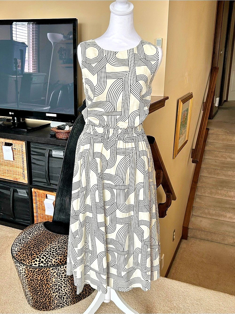 Reitmans Geometric Midi Dress in Cream & Black Linen Blend A Line 29Size Medium